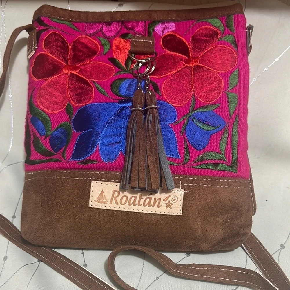 Chic Pink and Brown Embroidered Crossbody Bag